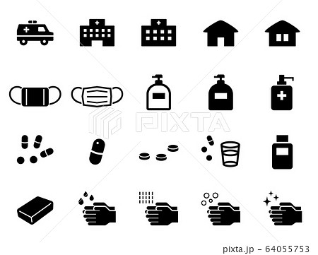 救急車,病院,マスク,手洗い,薬,石鹸などの医療系アイコンセット 64055753