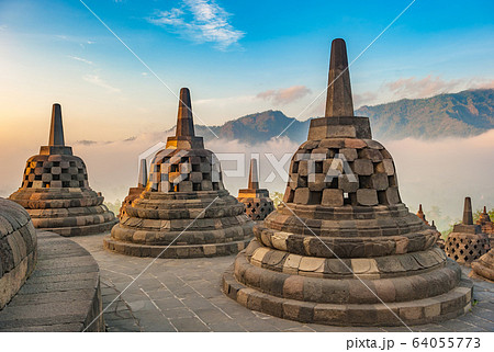 Borobudur temple at sunrise, Java, Indonesia Borobudur temple at sunrise, Java, Indonesia 64055773