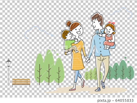 イラスト素材 手をつないで笑顔で仲良く散歩する幸せな家族のイラスト素材