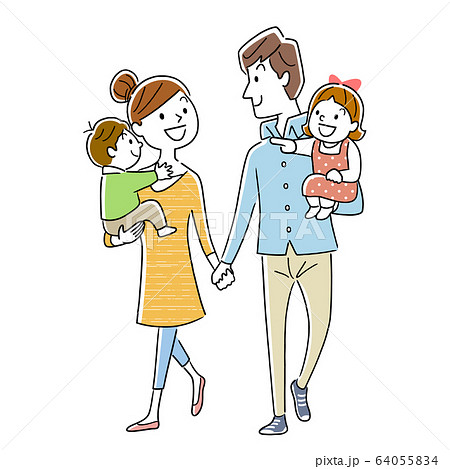 イラスト素材 手をつないで笑顔で仲良く散歩する幸せな家族のイラスト素材