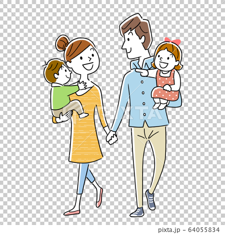 イラスト素材 手をつないで笑顔で仲良く散歩する幸せな家族のイラスト素材
