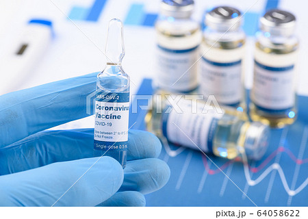 Coronavirus COVID-19 vaccine single dose small vial concept. Coronavirus COVID-19 vaccine single dose small vial concept. 64058622