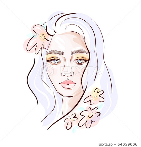 Hand-drawn young beautiful girl with makeup and unusual violet hair. Fashion illustration of a stylish look. Hand-drawn young beautiful girl with makeup and unusual violet hair. Fashion illustration of a stylish look. 64059006