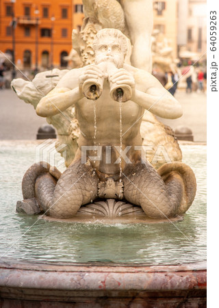 Fontana del Moro, or Moor Fountain, on Piazza Navona, Rome, Italy. Detailed view of sculptures 64059263