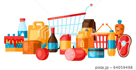 Supermarket background with food icons. 64059498