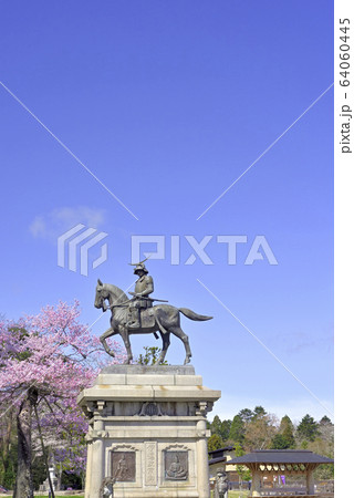 桜と伊達政宗騎馬像 64060445