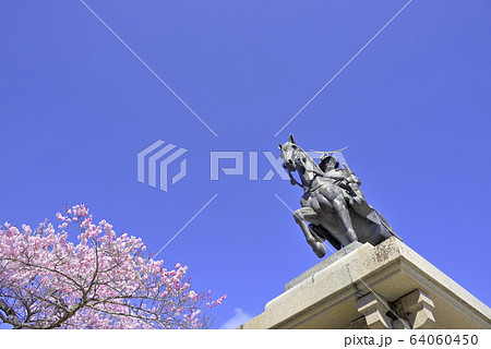 桜と伊達政宗騎馬像 64060450