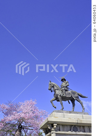 桜と伊達政宗騎馬像 64060453