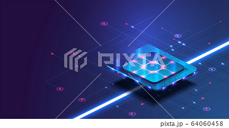 Futuristic microchip processor with lights on the blue background. Quantum computer, large data processing, database concept. CPU isometric banner. Central Computer Processors CPU concept.Digital 64060458