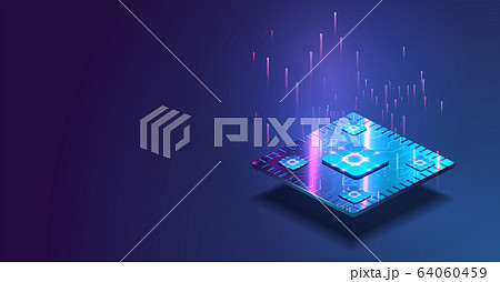 Futuristic microchip processor with lights on the blue background. Quantum computer, large data processing, database concept. CPU isometric banner. Central Computer Processors CPU concept.Digital 64060459
