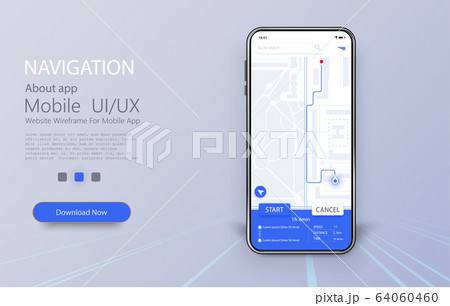 Smartphone with map and navigation pinpoint on screen. Online Mobile App UI, UX and GUI Screen. GPS navigation concept, Smartphone with city map. Vector 64060460