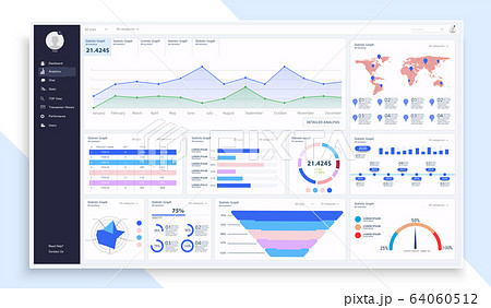 Dashboard, great design for any site purposes. Business infographic template. Vector flat illustration. Big data concept Dashboard user admin panel template design. Analytics admin dashboard. UI Dashboard, great design for any site purposes. Business infographic template. Vector flat illustration. Big data concept Dashboard user admin panel template design. Analytics admin dashboard. UI 64060512