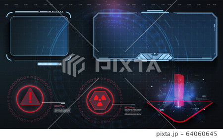 HUD, UI, GUI futuristic user interface screen elements set. High tech screen for video game. Sci-fi concept design. Callouts titles. Modern banners, frames of lower third. Red. Vector 64060645