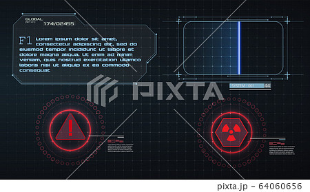 HUD UI GUI futuristic user interface screen elements set. High tech screen for video game. Sci-fi concept design. Scanning frame. Warning frame. Future virtual tech display. Vector illustration 64060656