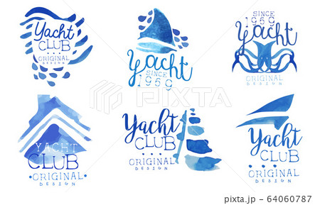 Yacht Club Logo Collection, Sailing Sports Watercolor Hand Drawn Badges Original Design Vector Illustration 64060787