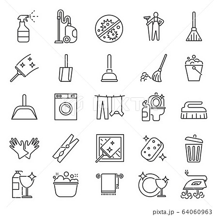 Cleaning service. Outline clean symbols, householding. Laundry housework cleaner. Mirror glass, towel and water simple vector line icons Cleaning service. Outline clean symbols, householding. Laundry housework cleaner. Mirror glass, towel and water simple vector line icons 64060963