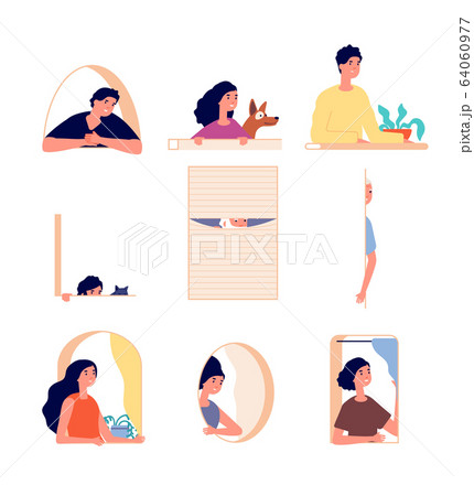 Peeping people. Girl boy secret spying. People and animal hiding in window. Curiosity person and pets. Isolated spy looking out vector set Peeping people. Girl boy secret spying. People and animal hiding in window. Curiosity person and pets. Isolated spy looking out vector set 64060977