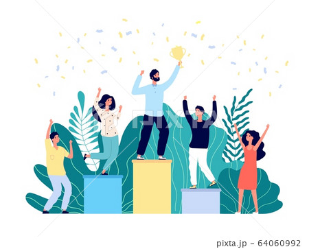 Winner ranking. Best business winner, gold trophy. Businessman champion on podium, work success award. Quality job results vector concept 64060992