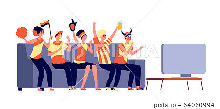 Sport tv fans. People soccer watching. Friends celebrates win match, and cheering. Football supporters with flag beer vector illustration Sport tv fans. People soccer watching. Friends celebrates win match, and cheering. Football supporters with flag beer vector illustration 64060994