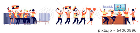 Football fans. Watch soccer, sport game match watching. Friends in beer bar, people at home support team with flags vector illustration Football fans. Watch soccer, sport game match watching. Friends in beer bar, people at home support team with flags vector illustration 64060996