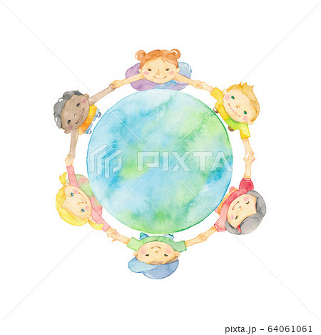 手を繋ぐ子どもたちと地球のイラスト素材