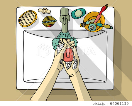 Hand washing soap sink water top view Hand washing soap sink water top view 64061139