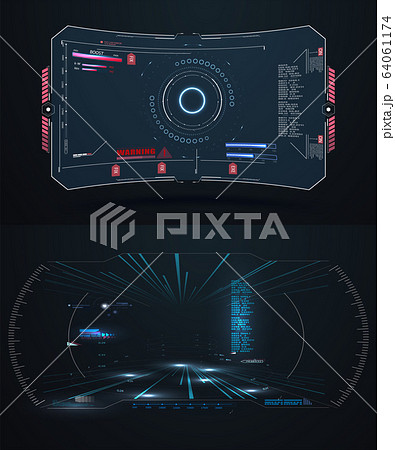 Futuristic VR Head-up Display Design. Future Technology Display Design. Vitrual Reality in HUD UI, hi-tech style. Panel system interactive, gaming indicator. Vector 64061174