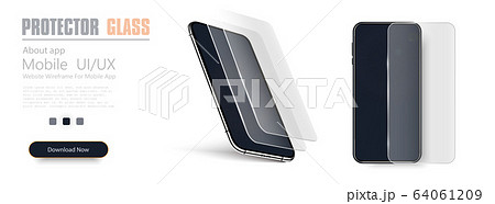 Glass screen protector or glass cover. Vector illustration of transparent tempered glass shield for mobile phone. Realistic black smartphone. 64061209