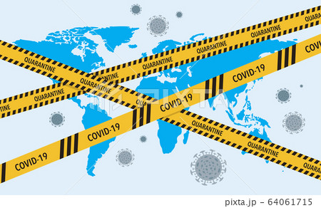 COVID-19 virus lockdown barrier tape over a world. Coronavirus pandemic, vector concept illustration COVID-19 virus lockdown barrier tape over a world. Coronavirus pandemic, vector concept illustration 64061715