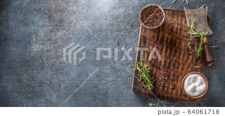 Top view of rectangular chopping board with preps Top view of rectangular chopping board with preps 64061718