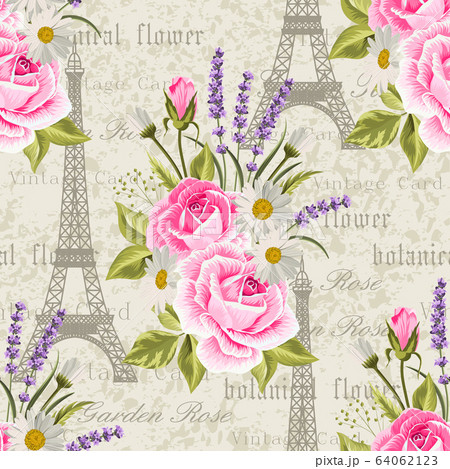Seamless floral pattern with Eiffel towers on vintage postcard background. Vector illustration 64062123