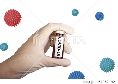 Sample blood test of Coronavirus (Covid-19) in hand with white glove. Coronavirus Covid 19 blood sample in sample biohazard protection on white background with coronavirus samples 64062192