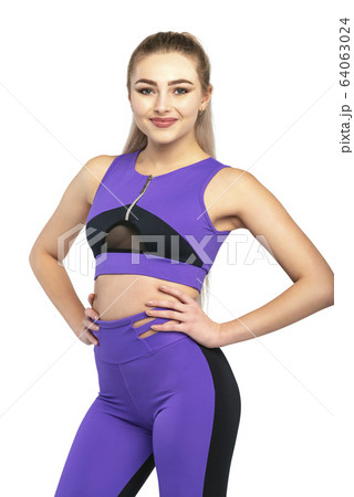 Sporty slim fitness woman. Healthy woman body curve with sport wear on white background. 64063024