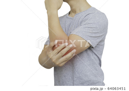 Man suffering from elbow pain isolated in clipping path coronavirus symptom. 64063451