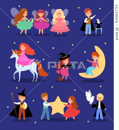 Magic kid in fairytale costume vector illustration, cartoon cute magician child character, flat fantasy magical children set 64063755