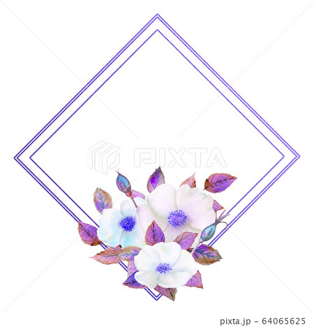 White rosehip flowers, a composition in a geometric blue frame. Floral poster, invitation in purple tones. Watercolor compositions for the decoration of greeting cards or invitations 64065625