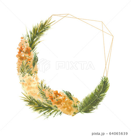 Geometric frame with Mimosa branches on the outer edge on a white isolated background. Watercolor illustration. Geometric frame with Mimosa branches on the outer edge on a white isolated background. Watercolor illustration. 64065639
