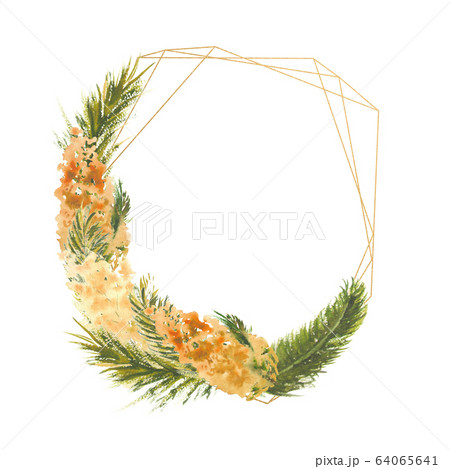 Geometric frame with Mimosa branches on the outer edge on a white isolated background. Watercolor illustration. 64065641