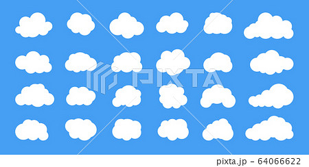 White cloud flat cartoon set on blue sky background. Abstract different shape clouds icon, weather sign. Fun speech bubble, text box template. Web cloudy service symbol. Isolated vector illustration 64066622