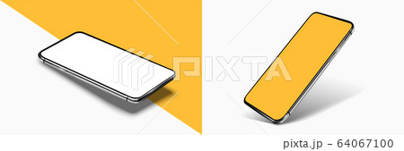 Smartphone frame less blank screen mockup, rotated position. 3d isometric illustration cell phone. Smartphone perspective view. Template for infographics or presentation UI UX design interface. vector 64067100