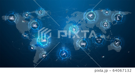 Internet of things IoT and networking concept for connected devices. Spider web of network connections with on a futuristic blue background. Information technology. Mobile connection, communication 64067132