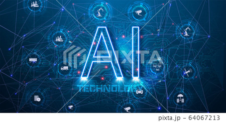 AI Artificial Intelligence infographic banner. Website vector illustration. Concept vector illustration with icons. Neural network diagram, cybernetics, Futuristic, Robotics machine. AI, industry 64067213