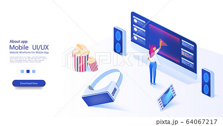 The girl chooses a movie. Watching film on big screen with sound system. Popcorn, virtual reality glasses and film in a trendy style. Outdoor movie theater, backyard theater gear concept. Vector 64067217