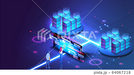 Web hosting concept. Data visualization. Computing, network. Cloud technology. Science technology background. Computer technology, network, database, internet center. Data analysis.landing vector page 64067218