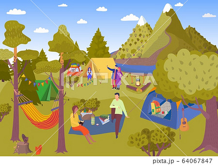 Camping picnic in summer forest vector illustration, cartoon people have rest in tourist camp with tent and hammock, enjoying nature 64067847