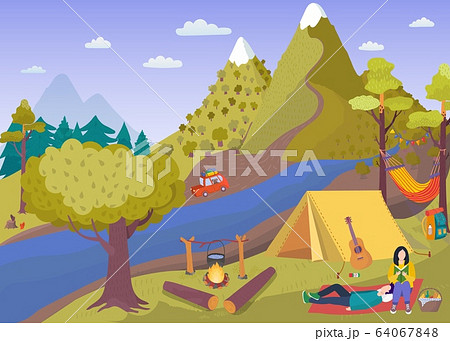 Camping picnic in summer forest vector illustration, cartoon people spend time in tourist camp with tent near campfire, cooking food 64067848