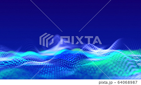 abstract blue background of glow particles form lines, surfaces as futuristic landscape in cyberspace or hologram. Sci-fi theme of microworld, nanotechnology or cosmic space. Depth of field bokeh 14 64068987