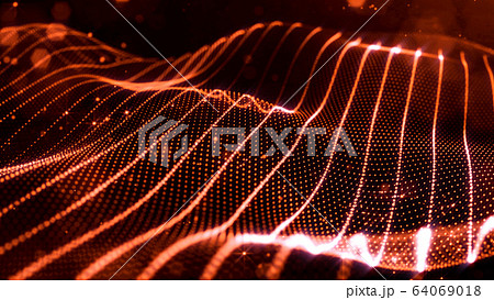 abstract sci-fi background with glow particles form curved lines, surfaces, hologram structures or virtual digital space. Red motion design background of microworld or cosmic space. Strings 25 64069018