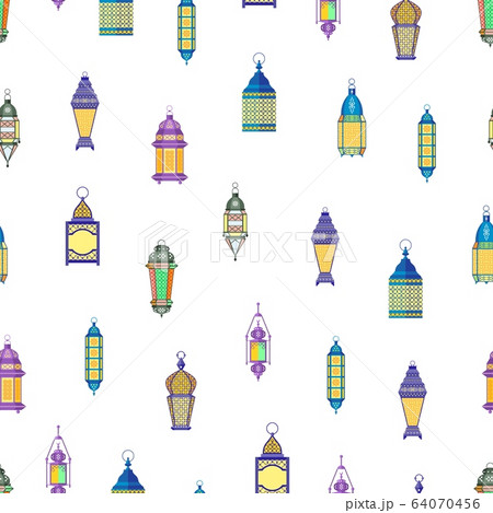 Arab lamps pattern. Vintage oriental lanterns, flat islamic decorative lights vector background 64070456