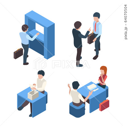 Bank managers. Business stuff client service people banking customers reception person vector isometric characters Bank managers. Business stuff client service people banking customers reception person vector isometric characters 64070504